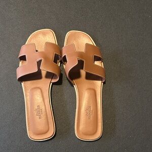 Hermes Tan Brown H-Cut Leather Slide Sandals